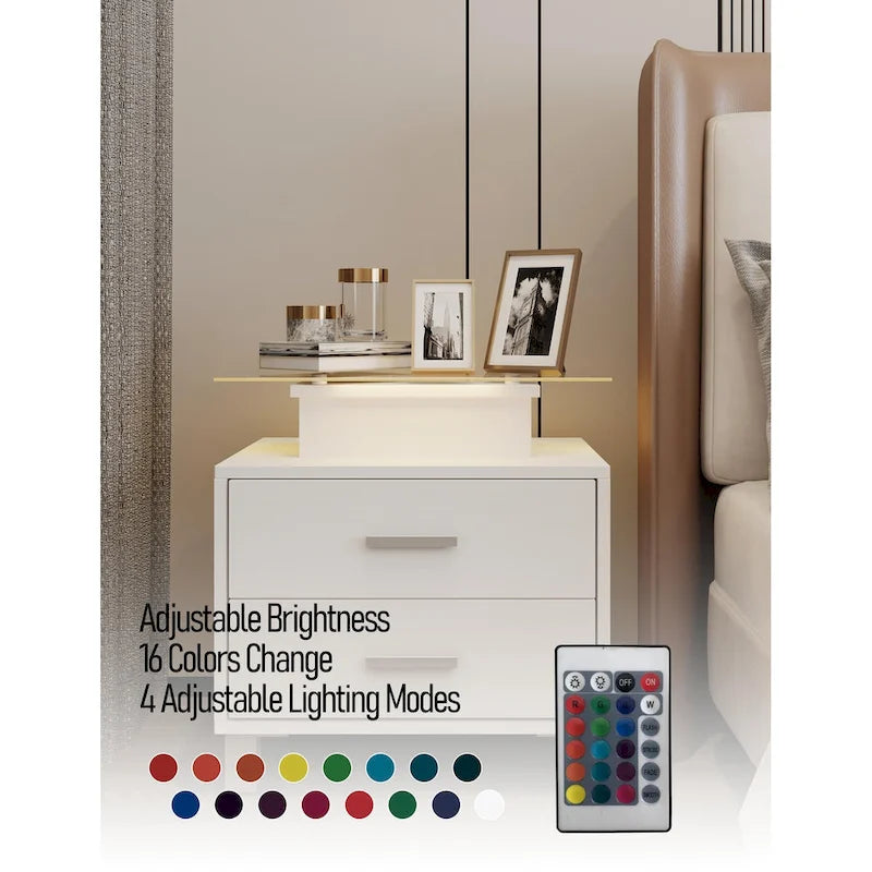 Table de chevet moderne avec station de charge et lumières LED - 2 tiroirs