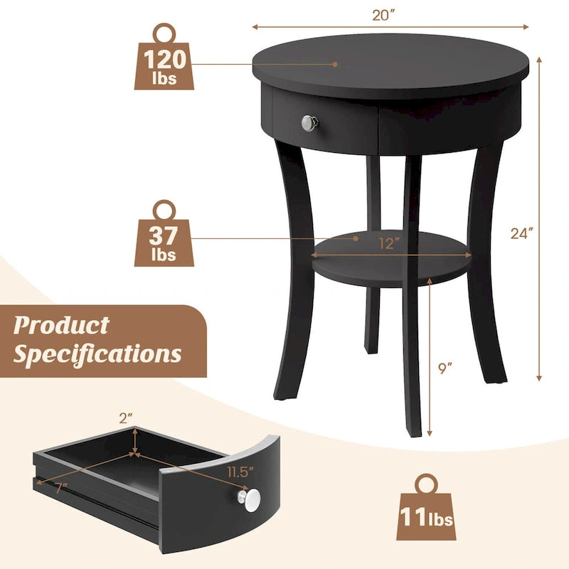 Costway Table d'appoint canapé à 2 niveaux, table de chevet ronde pour chambre à coucher et salon