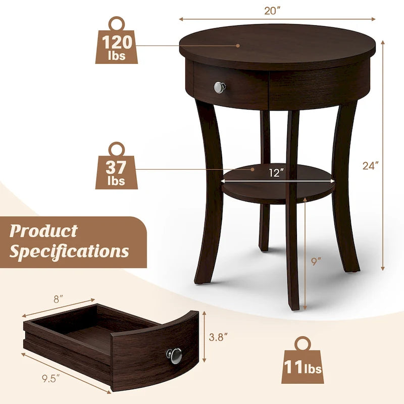 Costway Table d'appoint canapé à 2 niveaux, table de chevet ronde pour chambre à coucher et salon