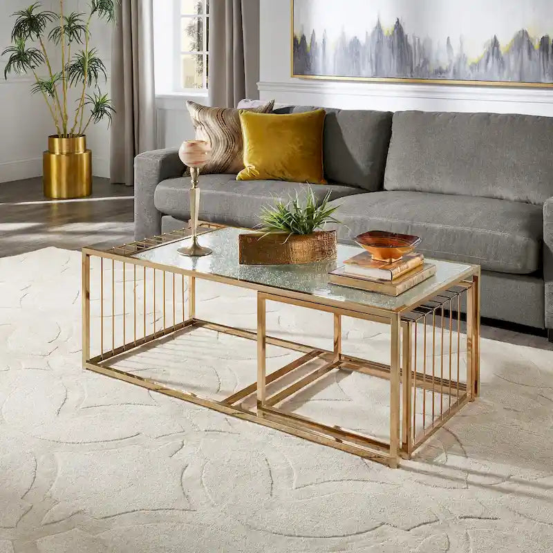 Table basse gigogne Astor iNSPIRE Q Bold avec dessus de miroir texturé et finition dorée couleur champagne