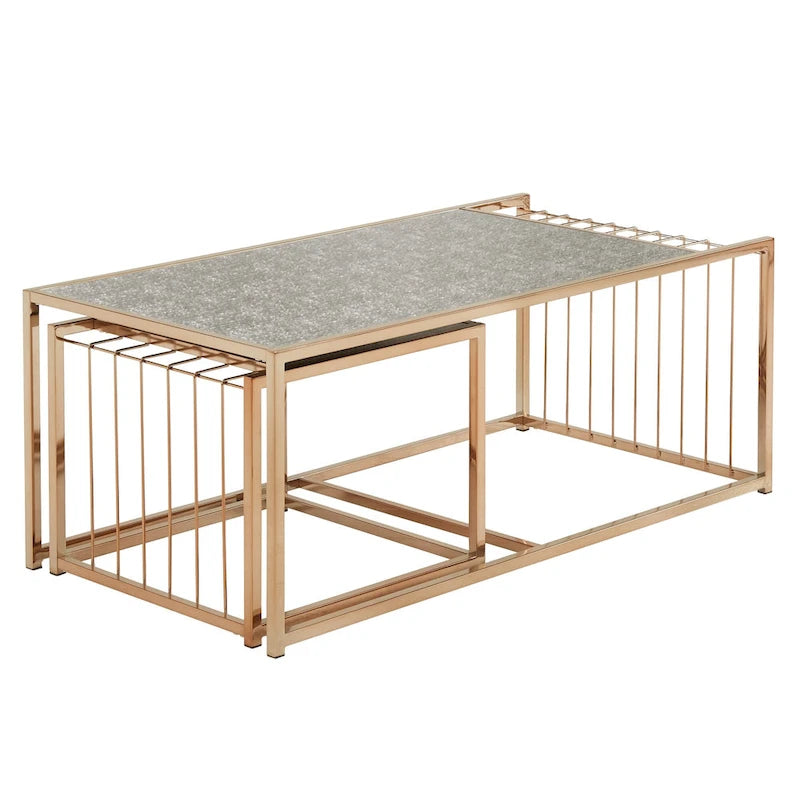 Table basse gigogne Astor iNSPIRE Q Bold avec dessus de miroir texturé et finition dorée couleur champagne