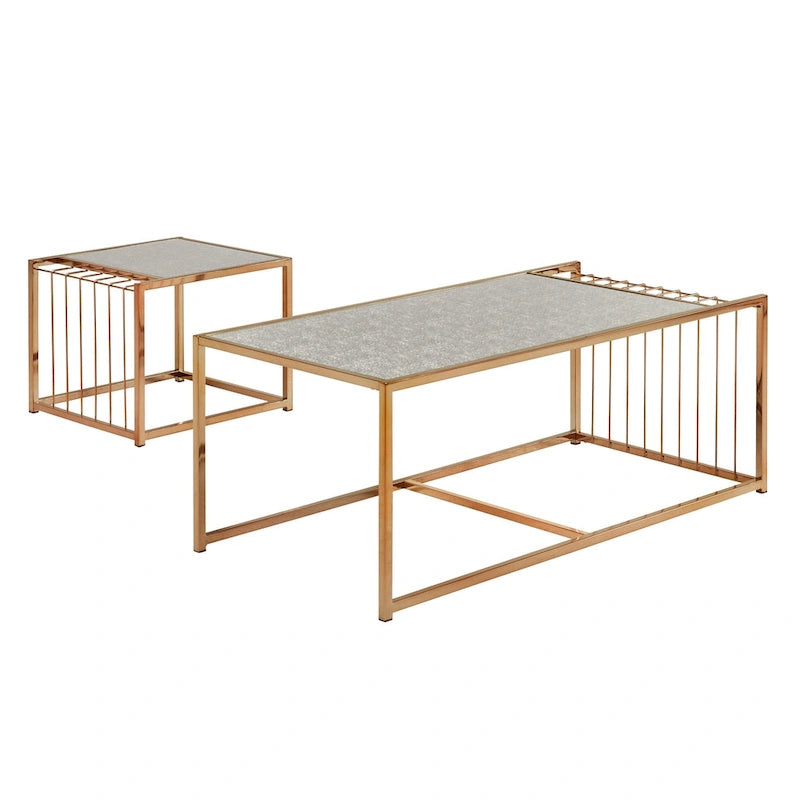 Table basse gigogne Astor iNSPIRE Q Bold avec dessus de miroir texturé et finition dorée couleur champagne