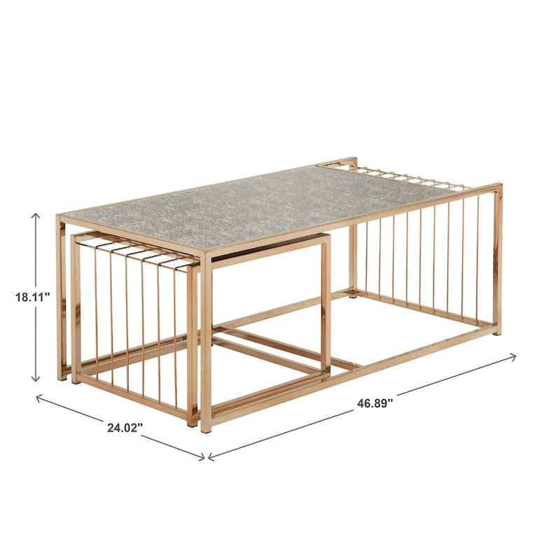 Table basse gigogne Astor iNSPIRE Q Bold avec dessus de miroir texturé et finition dorée couleur champagne