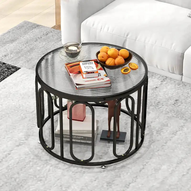 Gymax Table Basse Ronde 2 Niveaux 24" avec Supports Pivotants Ovales et Joncs