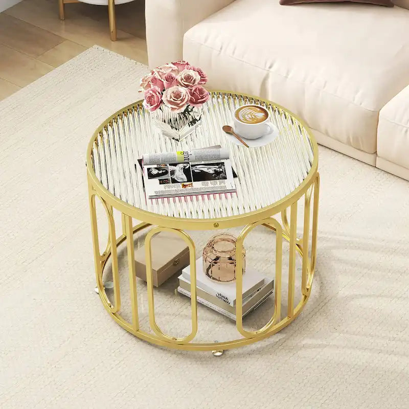 Gymax Table Basse Ronde 2 Niveaux 24" avec Supports Pivotants Ovales et Joncs
