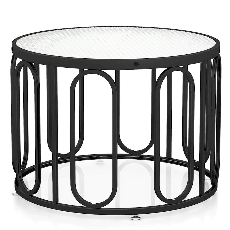 Gymax Table Basse Ronde 2 Niveaux 24" avec Supports Pivotants Ovales et Joncs