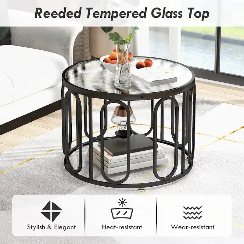 Gymax Table Basse Ronde 2 Niveaux 24" avec Supports Pivotants Ovales et Joncs