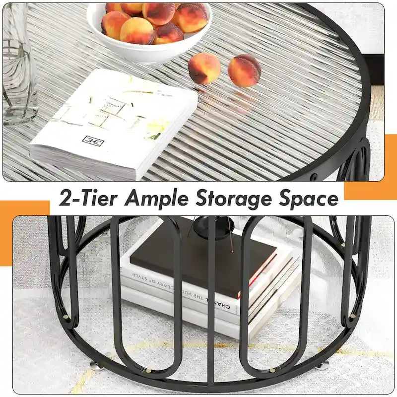 Gymax Table Basse Ronde 2 Niveaux 24" avec Supports Pivotants Ovales et Joncs