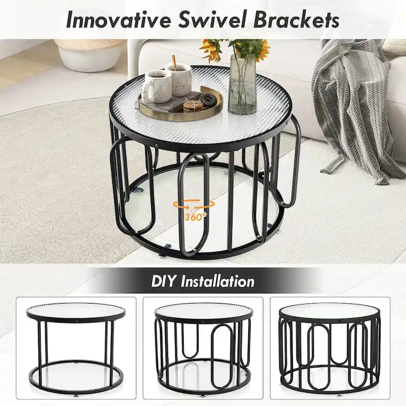Gymax Table Basse Ronde 2 Niveaux 24" avec Supports Pivotants Ovales et Joncs
