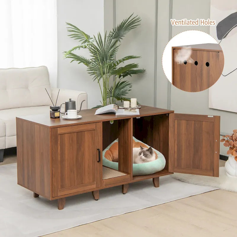 Gymax Meuble Cache-Litière pour Chat avec 2 Portes