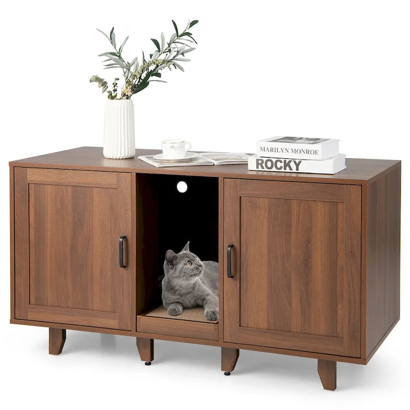 Gymax Meuble Cache-Litière pour Chat avec 2 Portes