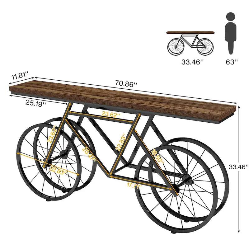 Console extra longue de 180 cm avec base en métal de vélo pour entrée, salon - 30P x 180L x 85H cm