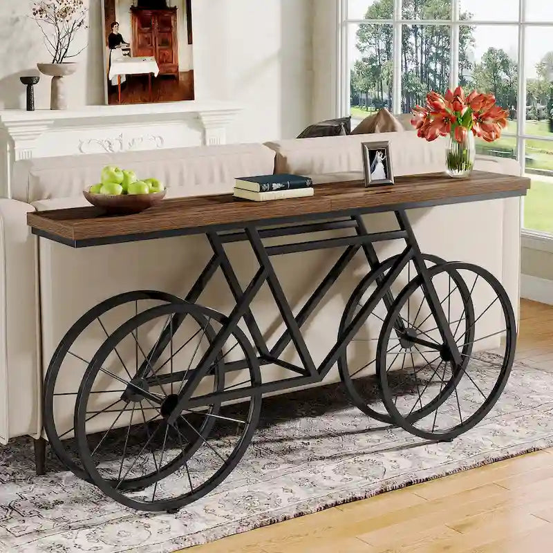 Console extra longue de 180 cm avec base en métal de vélo pour entrée, salon - 30P x 180L x 85H cm