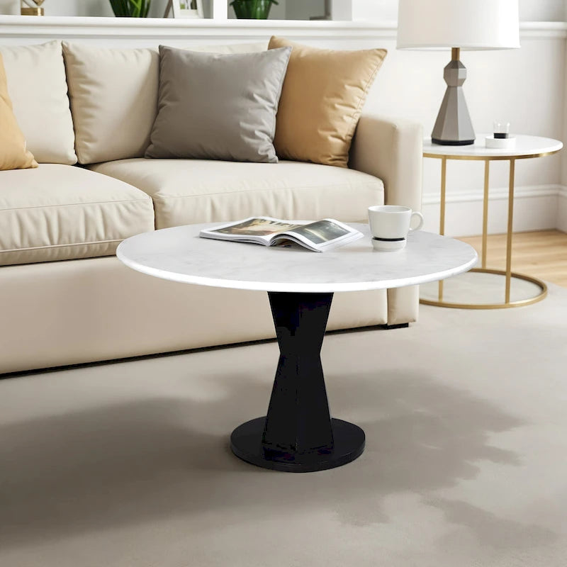 Table basse Riko, plateau en marbre blanc sur piètement moderne en fer, table ronde, 27