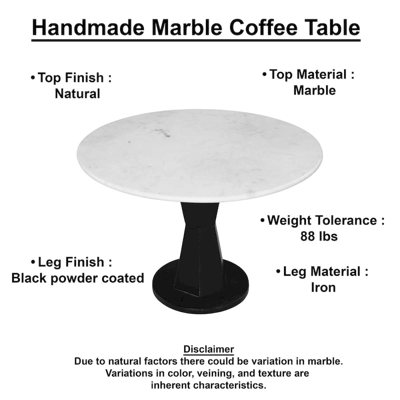 Table basse Riko, plateau en marbre blanc sur piètement moderne en fer, table ronde, 27