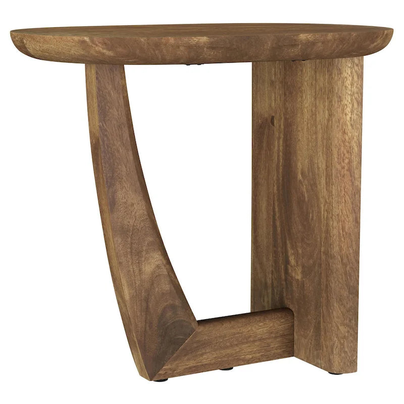 Table d'appoint Leti, plateau en bois de manguier marron 56 cm, base en forme de L