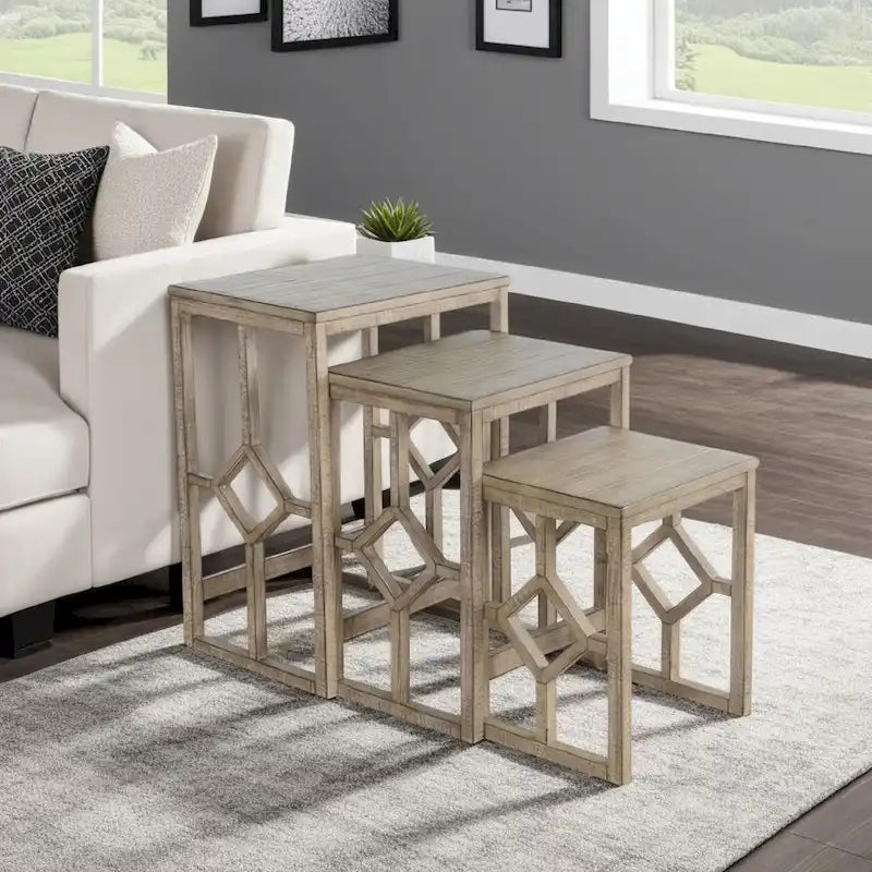 Rena 3 Piece Nesting Accent Table Set, Slatted, Light Brown Mahogany