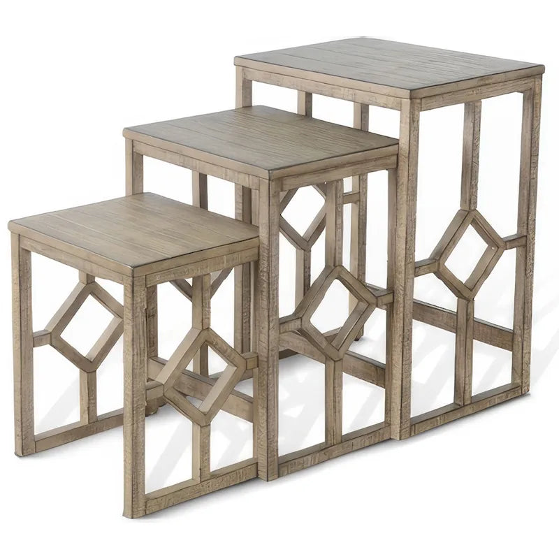 Lot de 3 tables basses gigognes Rena, à lattes, en acajou brun clair