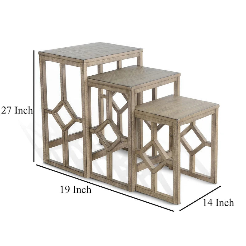 Lot de 3 tables basses gigognes Rena, à lattes, en acajou brun clair