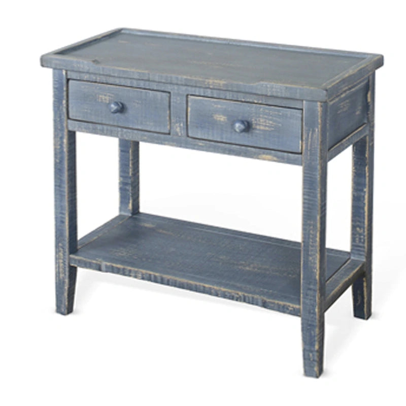 Table d'appoint Rena, 2 tiroirs 1 étagère, 71 cm Acajou bleu rustique