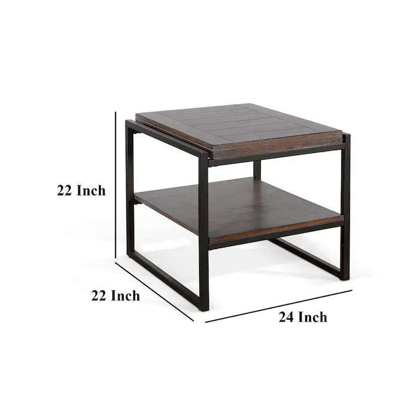 Table d'appoint Lery, bois brun foncé, métal noir, étagère inférieure, 61 cm