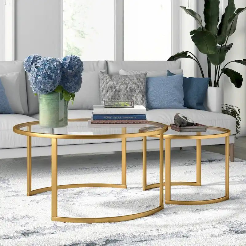 Lot de 2 tables basses gigognes rondes en verre et acier de 36 po – 36 x 36 x 18