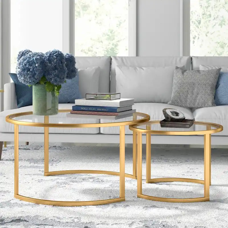 Lot de 2 tables basses gigognes rondes en verre et acier de 36 po – 36 x 36 x 18