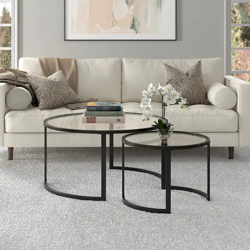 Lot de 2 tables basses gigognes rondes en verre et acier de 36 po – 36 x 36 x 18