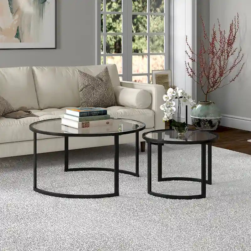 Lot de 2 tables basses gigognes rondes en verre et acier de 36 po – 36 x 36 x 18