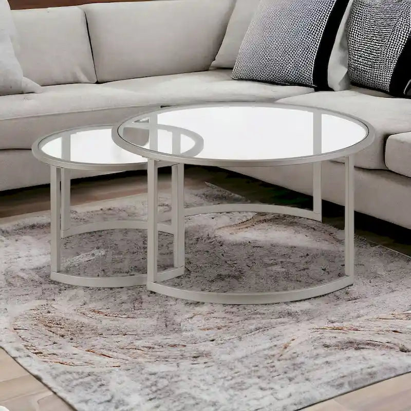Lot de 2 tables basses gigognes rondes en verre et acier de 36 po – 36 x 36 x 18