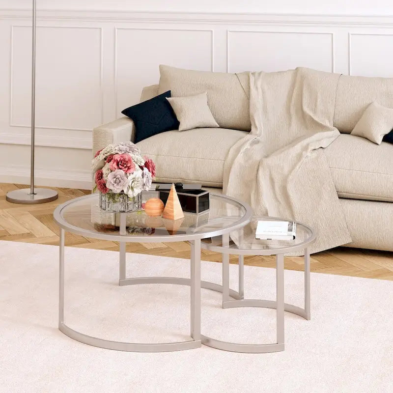 Lot de 2 tables basses gigognes rondes en verre et acier de 36 po – 36 x 36 x 18