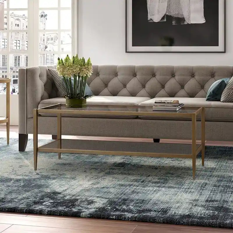 Table basse rectangulaire moderne en verre avec cadre en acier et étagère de rangement pour salon - 114,3 cm (L) x 50,8 cm (l) x 43,2 cm (H)