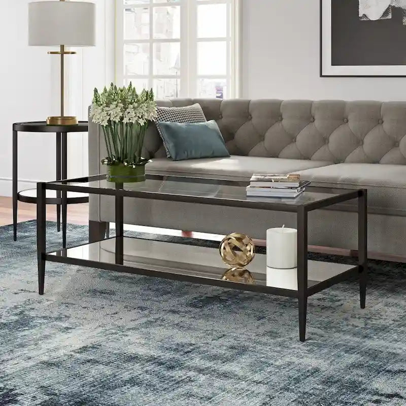 Table basse rectangulaire moderne en verre avec cadre en acier et étagère de rangement pour salon - 114,3 cm (L) x 50,8 cm (l) x 43,2 cm (H)