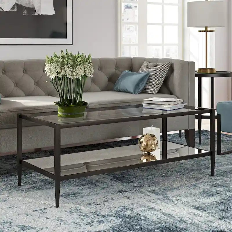 Table basse rectangulaire moderne en verre avec cadre en acier et étagère de rangement pour salon - 114,3 cm (L) x 50,8 cm (l) x 43,2 cm (H)