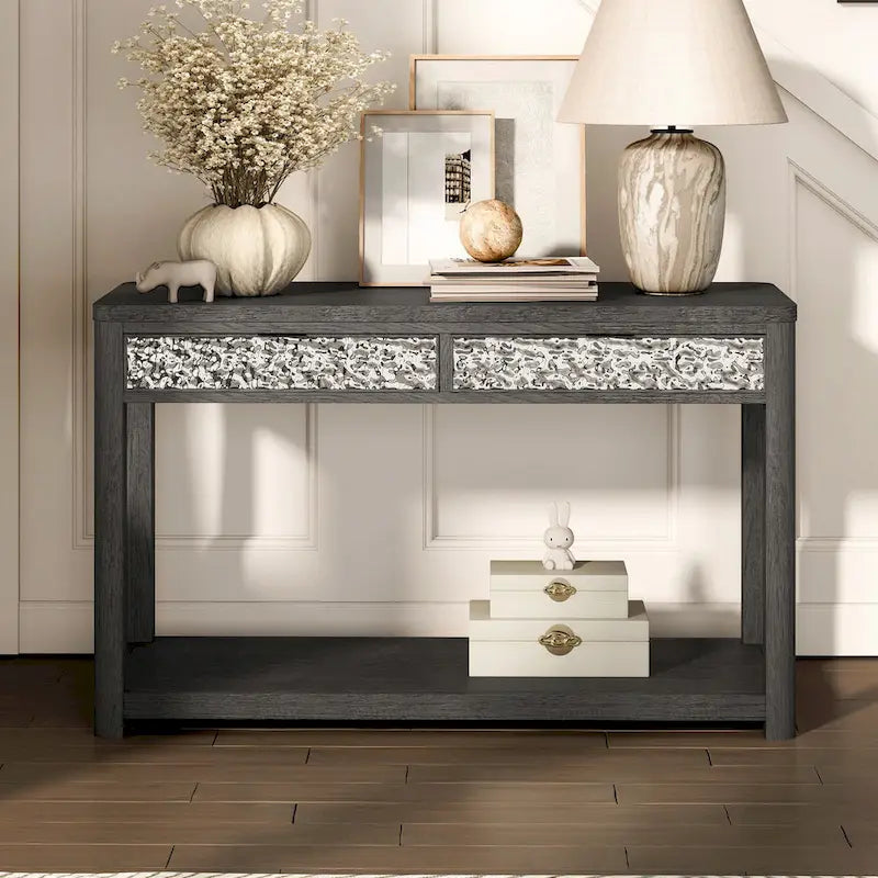 Table de canapé à 2 tiroirs en bois de frêne gris moderne Piez de Furniture of America avec étagère ouverte