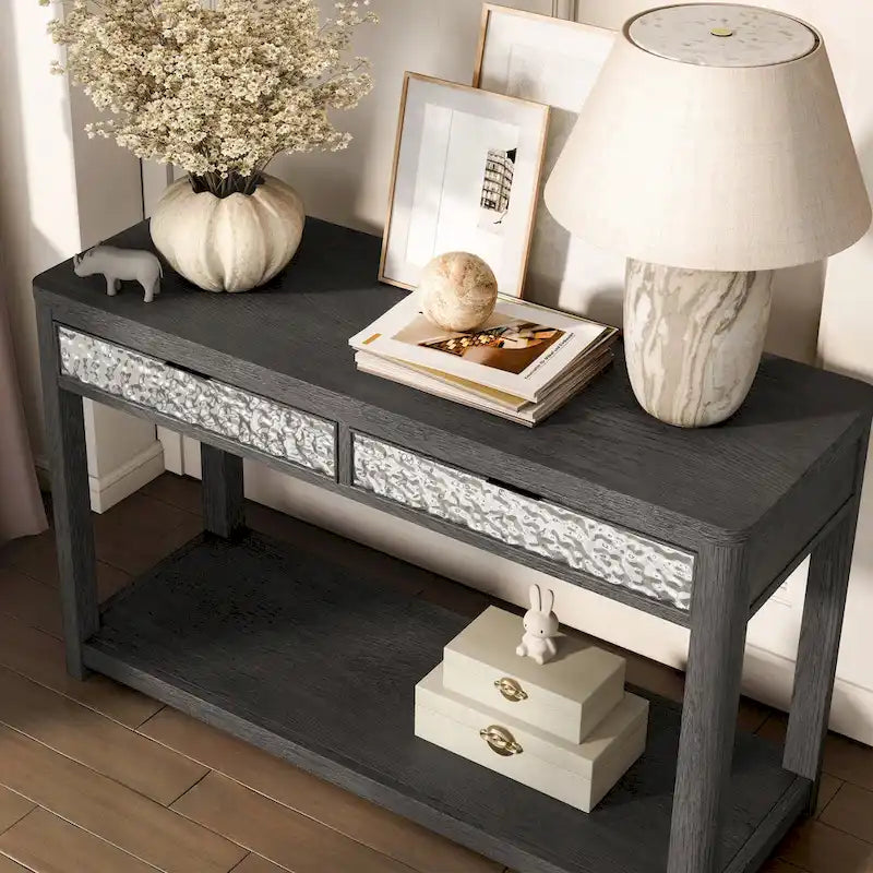 Table de canapé à 2 tiroirs en bois de frêne gris moderne Piez de Furniture of America avec étagère ouverte