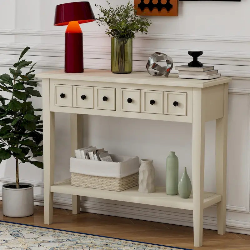 38.2 Table console rustique avec étagère ouverte et trois tiroirs, pieds en bois d'hévéa