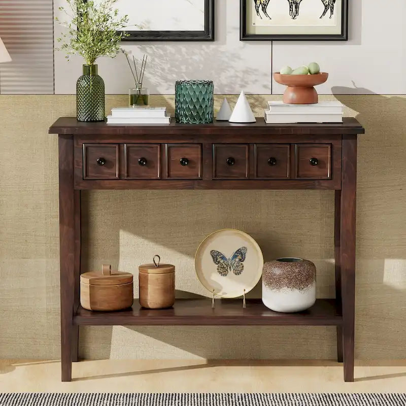 38.2 Table console rustique avec étagère ouverte et trois tiroirs, pieds en bois d'hévéa
