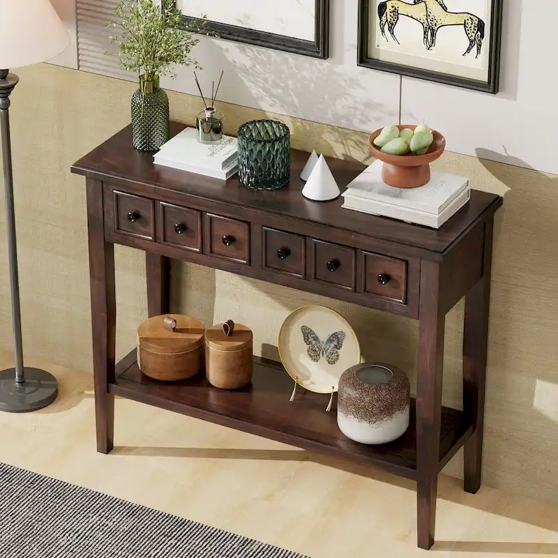 38.2 Table console rustique avec étagère ouverte et trois tiroirs, pieds en bois d'hévéa