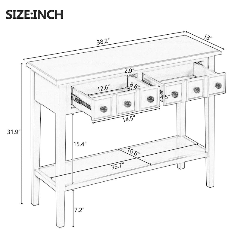 38.2 Table console rustique avec étagère ouverte et trois tiroirs, pieds en bois d'hévéa