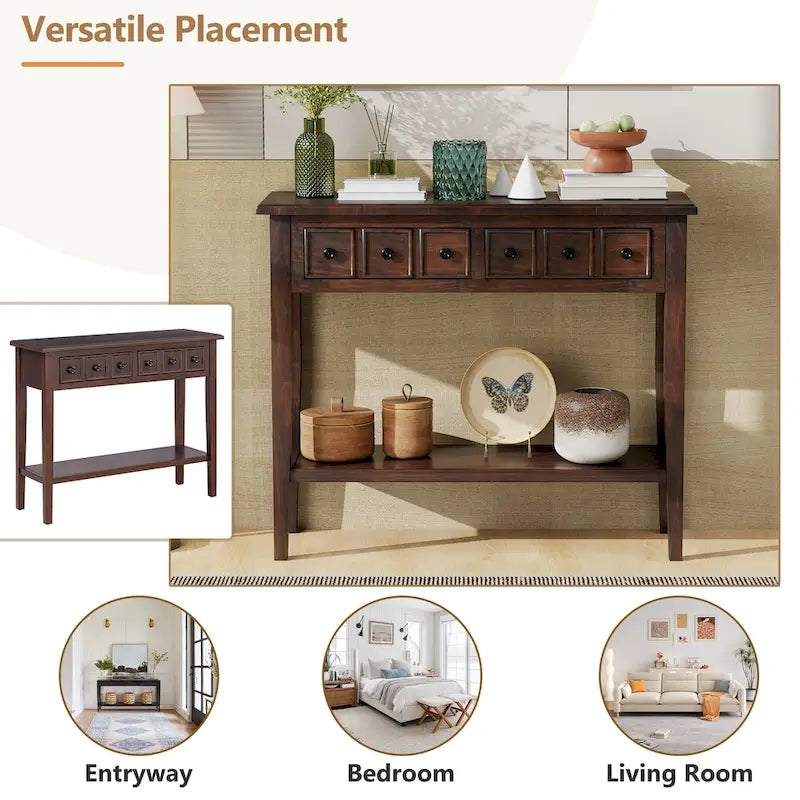 38.2 Table console rustique avec étagère ouverte et trois tiroirs, pieds en bois d'hévéa