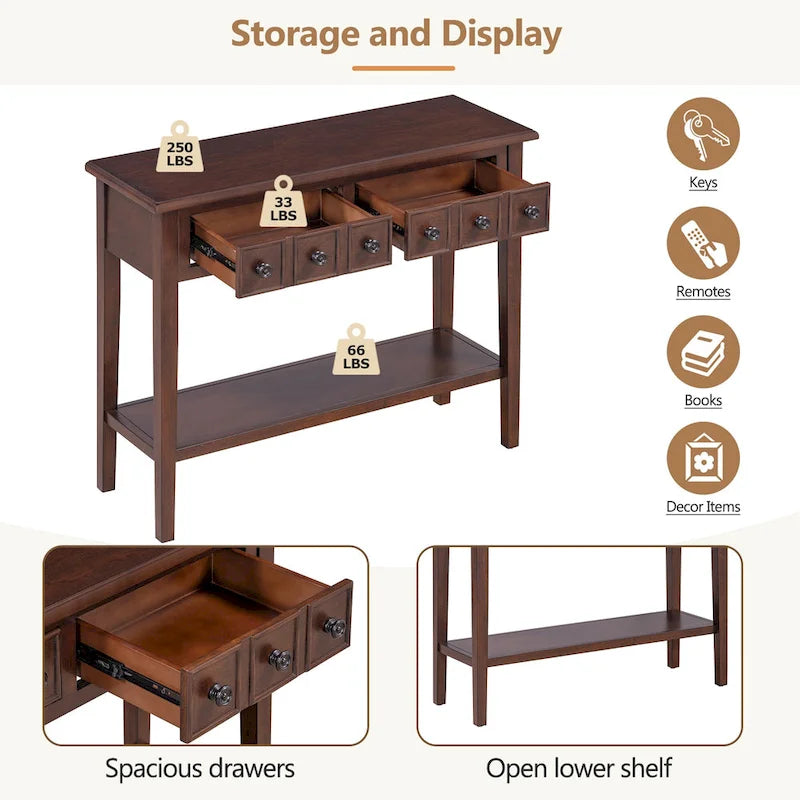 38.2 Table console rustique avec étagère ouverte et trois tiroirs, pieds en bois d'hévéa