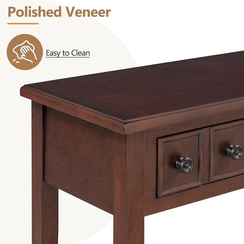38.2 Table console rustique avec étagère ouverte et trois tiroirs, pieds en bois d'hévéa