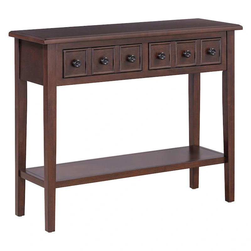 38.2 Table console rustique avec étagère ouverte et trois tiroirs, pieds en bois d'hévéa