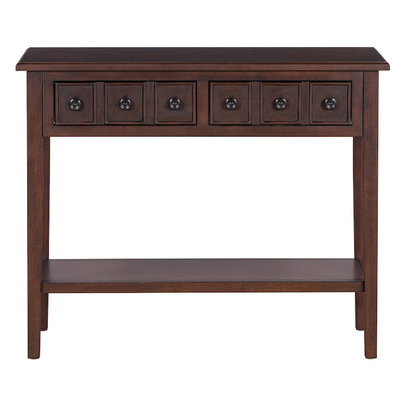 38.2 Table console rustique avec étagère ouverte et trois tiroirs, pieds en bois d'hévéa
