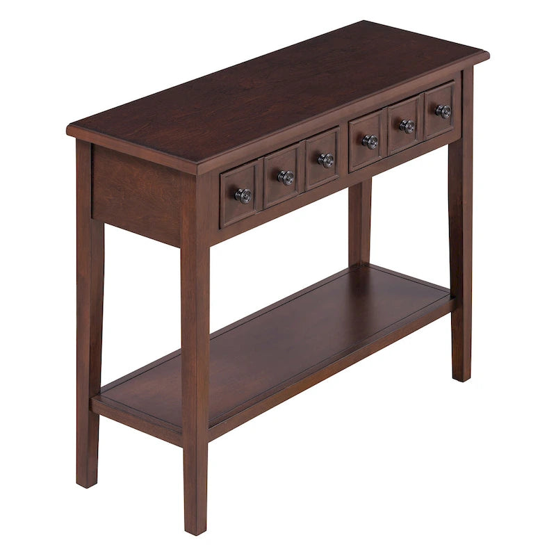38.2 Table console rustique avec étagère ouverte et trois tiroirs, pieds en bois d'hévéa