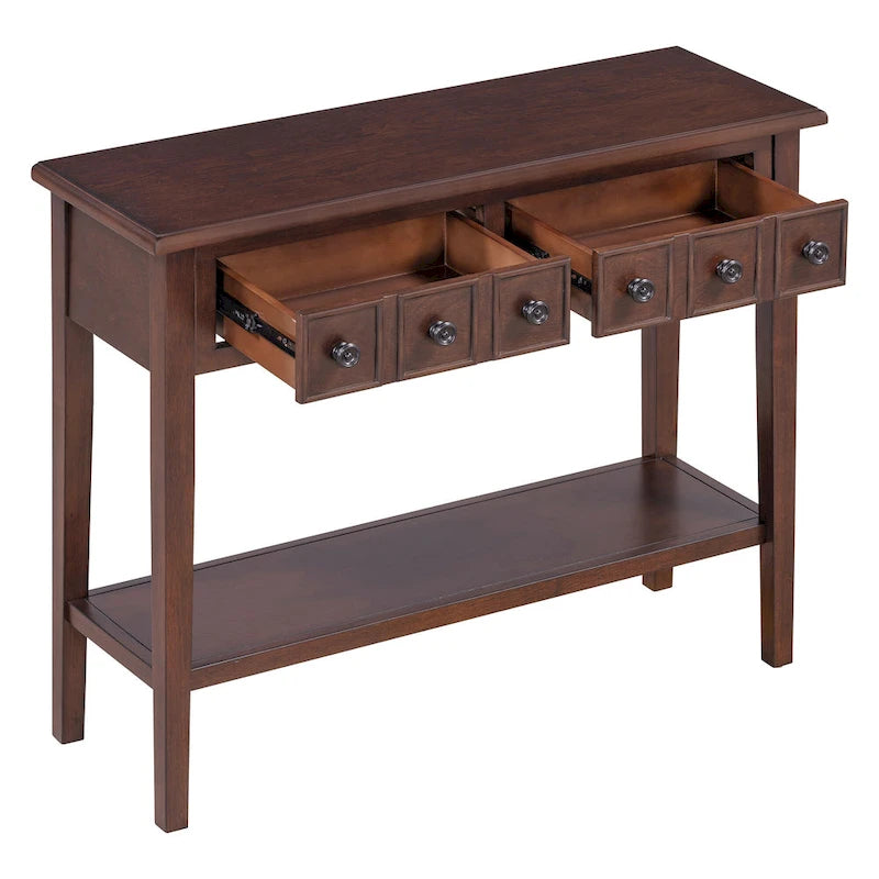 38.2 Table console rustique avec étagère ouverte et trois tiroirs, pieds en bois d'hévéa
