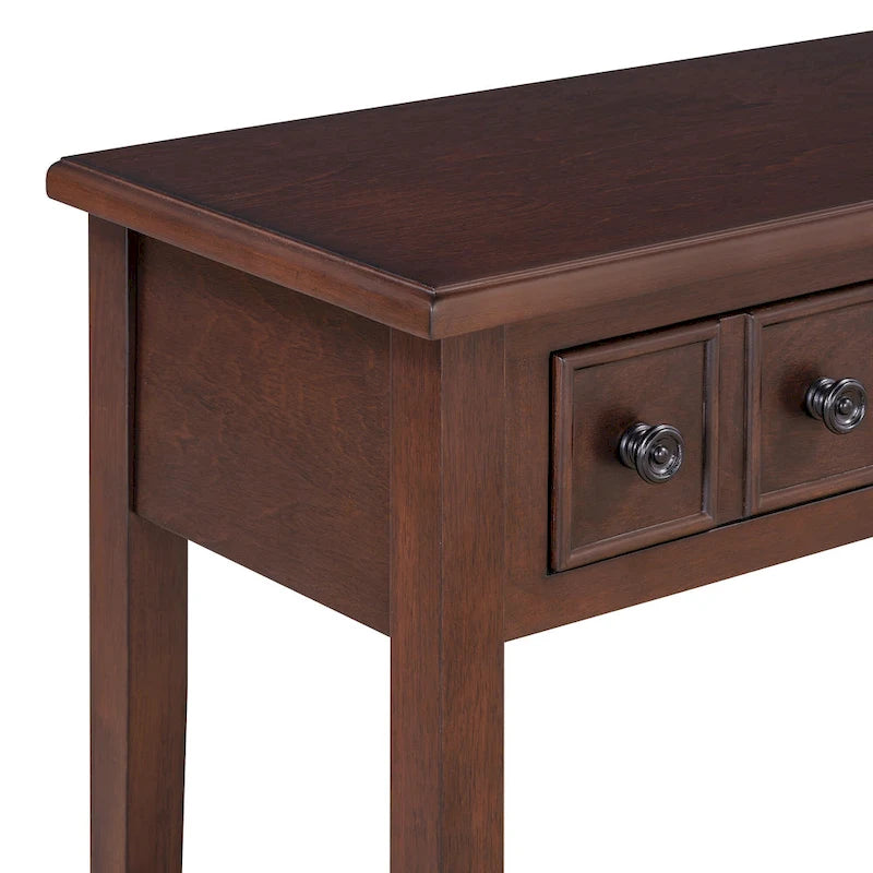 38.2 Table console rustique avec étagère ouverte et trois tiroirs, pieds en bois d'hévéa