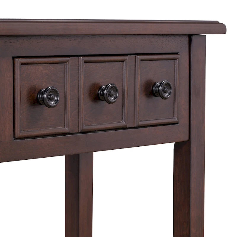 38.2 Table console rustique avec étagère ouverte et trois tiroirs, pieds en bois d'hévéa