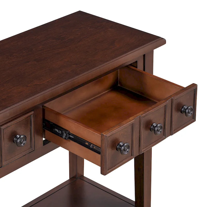 38.2 Table console rustique avec étagère ouverte et trois tiroirs, pieds en bois d'hévéa